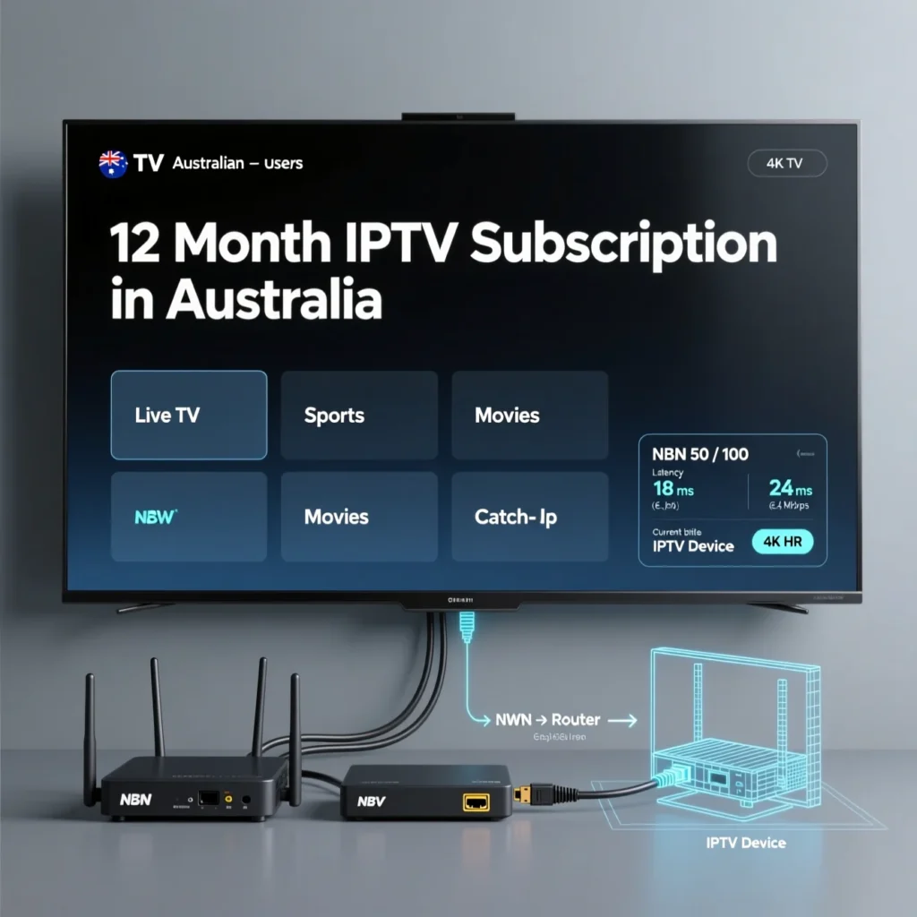 4K smart TV showing an IPTV dashboard with bold text “12 Month IPTV Subscription in Australia”, connected by Ethernet to an NBN modem and IPTV box in a technical home-network setup.