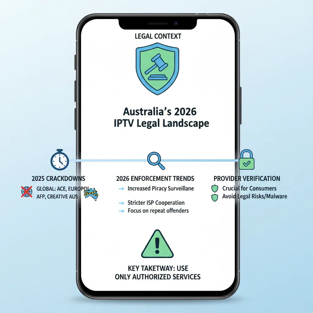 Mobile-friendly timeline of IPTV legal changes in Australia for 2026, highlighting 2025 crackdown effects