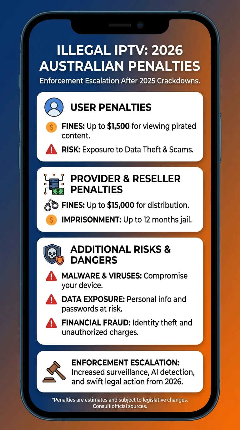 Mobile-friendly infographic showing 2026 IPTV penalty tiers in Australia for users and providers
