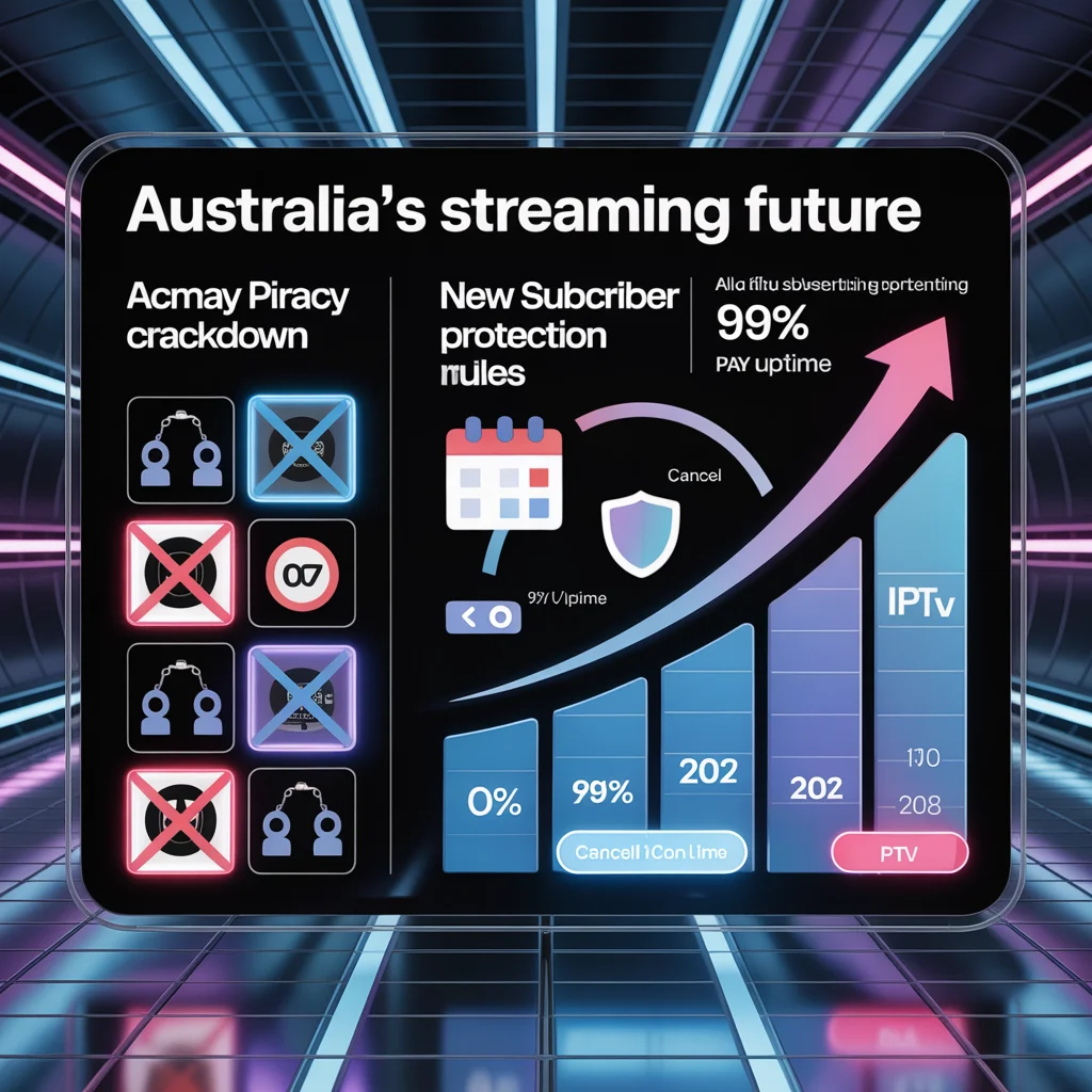 Infographic showing ACMA’s crackdown on illegal IPTV in Australia, new 2026 consumer protection rules for streaming subscribers, and forecasts that IPTV will dominate sports viewing by 2028 while traditional pay TV declines