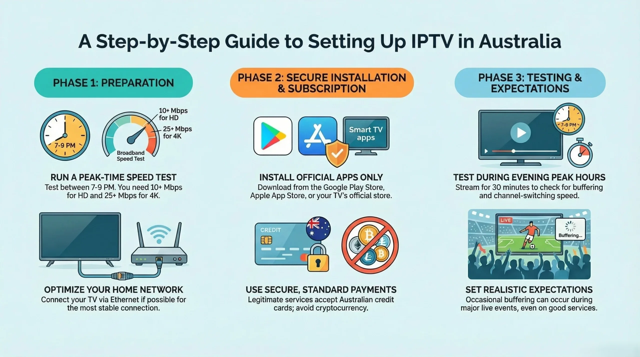 A three-phase infographic showing how to set up IPTV in Australia, including NBN speed testing, secure app installation with official app stores and card payments, and evening peak-hour streaming tests with realistic buffering expectations.