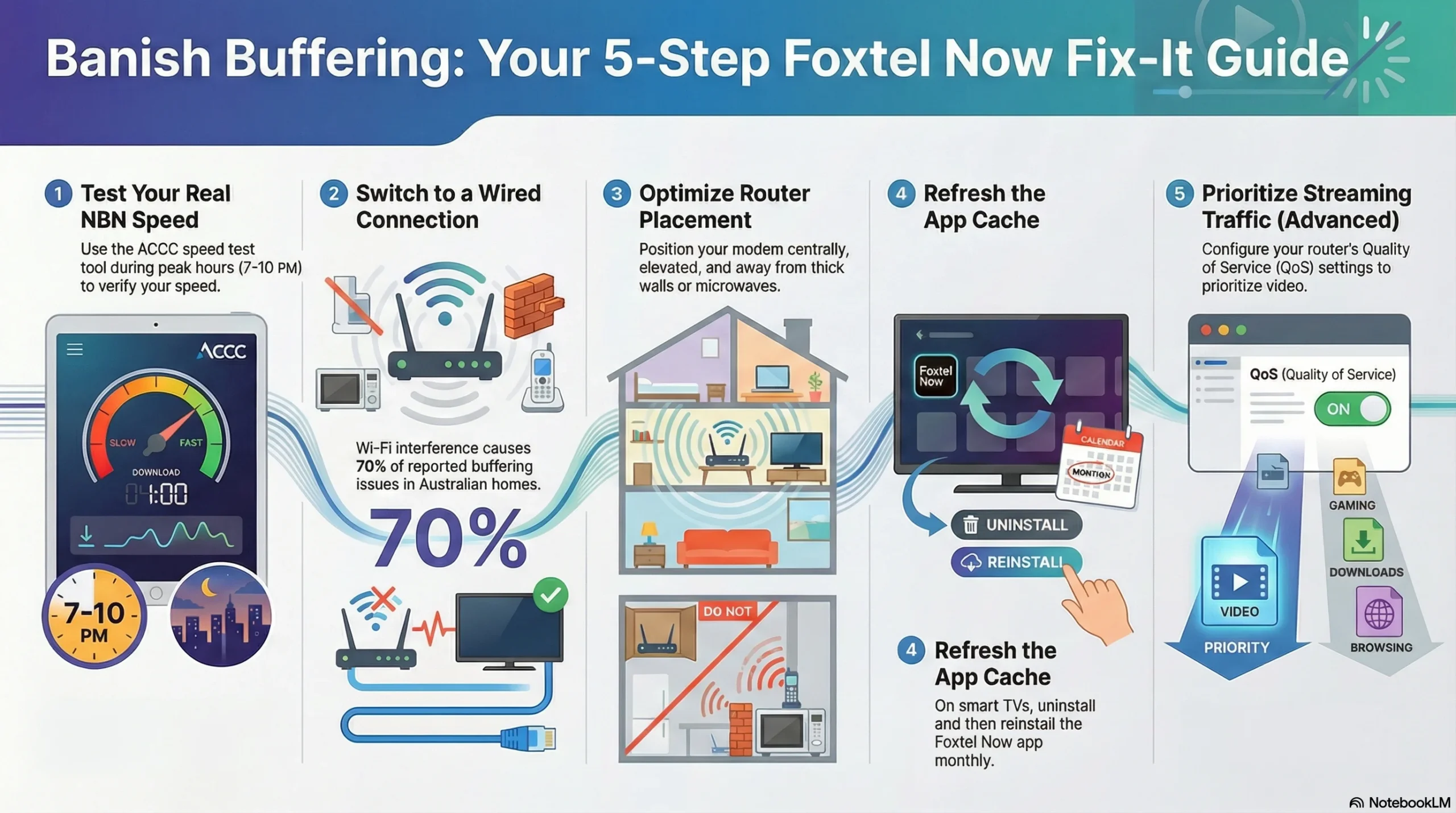 Illustrated 5-step Foxtel Now guide showing how to banish buffering: test real NBN speed with ACCC tool, switch to wired connection, optimize router placement, refresh Foxtel Now app cache, and prioritize streaming traffic with router QoS settings.