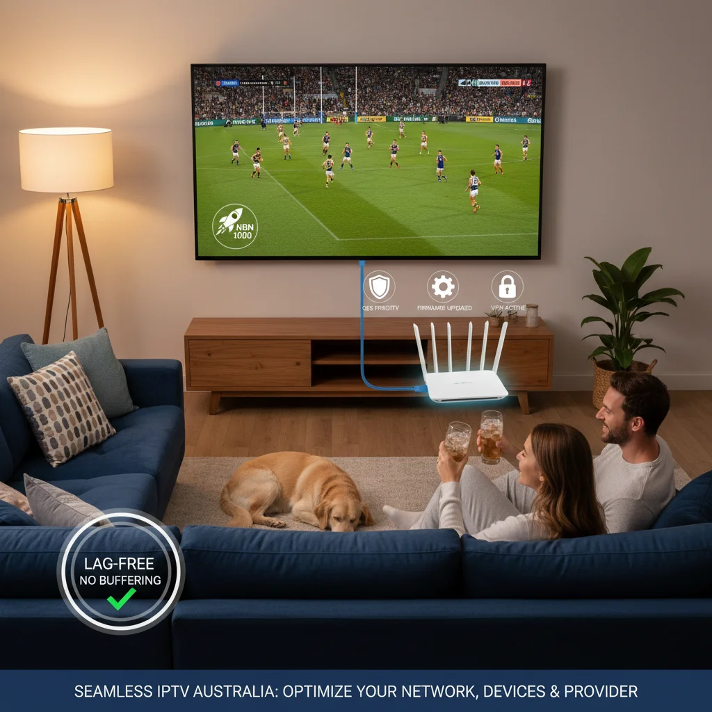 Australian living room with a 4K TV showing a live sports stream playing smoothly with a “No Buffering” label, connected via Ethernet to a router, with subtle icons for NBN speed, QoS, device updates and VPN, symbolising the result of an optimised IPTV setup in Australia.