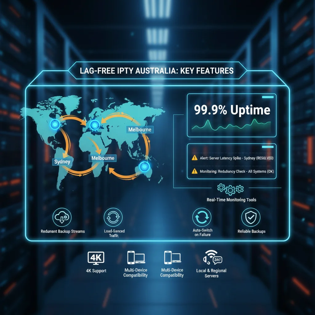 Graphic showing a premium IPTV provider dashboard with Australian and Singapore server locations, load‑balancing arrows between servers, redundant backup stream icons, uptime graphs, and 24/7 chat support, illustrating the core features of lag‑free IPTV infrastructure for Australian users.