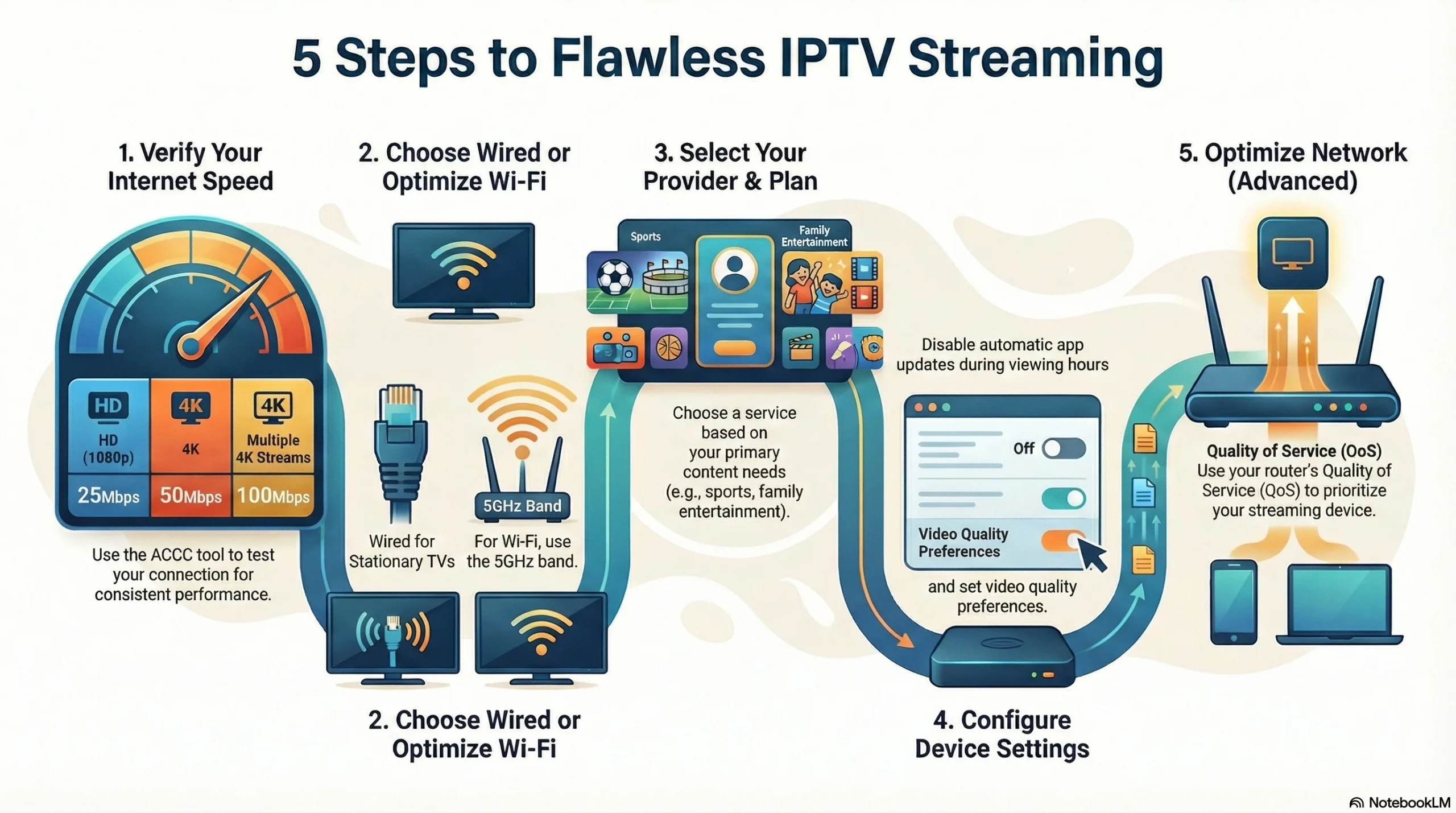 Infographic titled “5 Steps to Flawless IPTV Streaming” showing an NBN speed test gauge, wired vs 5GHz Wi‑Fi options, provider selection icons, device settings screen, and router QoS optimization for prioritizing streaming traffic.