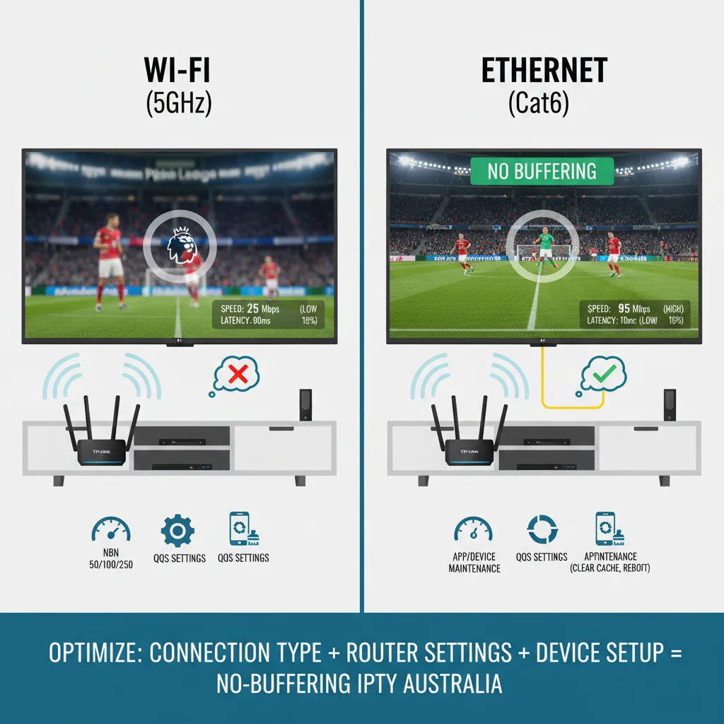 Diagram showing an Australian IPTV setup comparing Wi‑Fi and Ethernet: a smart TV streaming 4K content connected by Cat6 cable to a router, alongside a second TV on 5GHz Wi‑Fi with visible buffering icon and performance stats overlay (speed, latency, packet loss), illustrating how optimised internet connection and wiring reduce IPTV buffering in Australia.