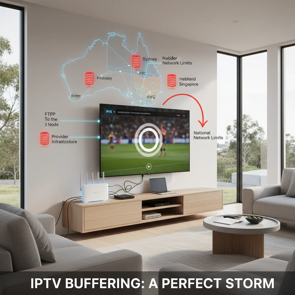 Illustration of an Australian living room with a smart TV showing an IPTV stream stuck on a buffering icon, connected to a Wi‑Fi router and multiple devices, with a map of Australia highlighting NBN technologies and server locations to show how network, provider and home setup all cause IPTV buffering.
