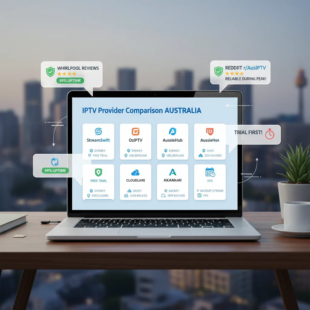 Illustration of an Australian user comparing IPTV services on a laptop screen, showing trial badges, server location pins in Australia, CDN logos like Cloudflare and Akamai, and review stars from Whirlpool and Reddit to highlight how trials, local servers, CDNs and real user reviews help choose a lag‑free IPTV subscription.