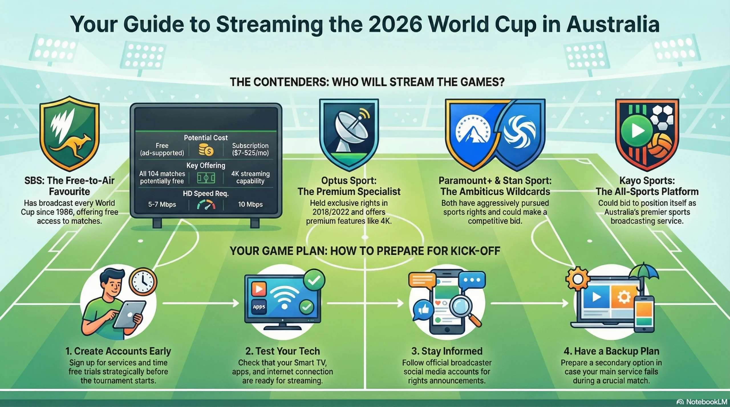 Streaming guide for the 2026 World Cup in Australia showing broadcaster options and viewer preparation tips.