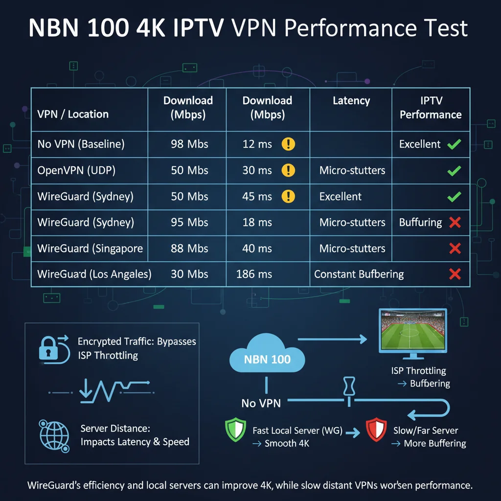 Infographic comparing VPN protocols for IPTV in Australia, showing a baseline no‑VPN connection versus OpenVPN and WireGuard on Sydney, Melbourne, Singapore and US servers, with speeds, latency and buffering performance to illustrate how nearby WireGuard servers can reduce IPTV buffering while distant servers make it worse.