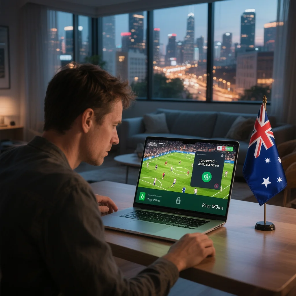 Australian expat watching World Cup 2026 IPTV on a laptop overseas using a VPN connection to an Australian server