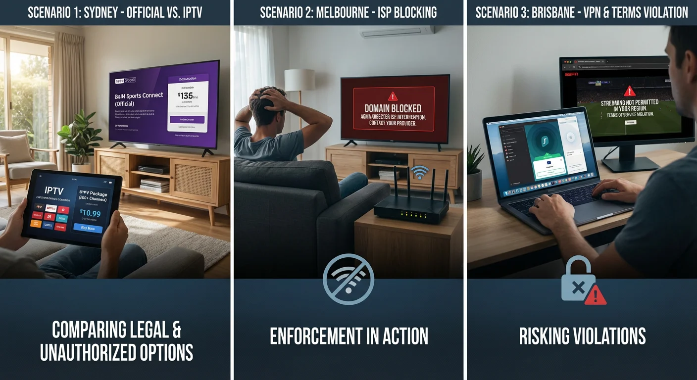 Australian households viewing BeIN Sports via official subscriptions and unauthorized IPTV, showing real-world legal access, ISP restrictions, and ACMA enforcement.