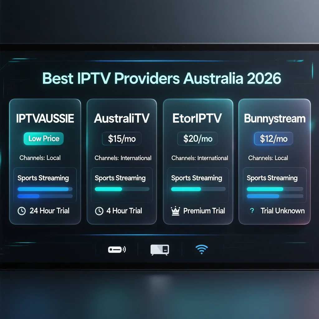 Technical IPTV comparison dashboard titled Best IPTV Providers Australia 2026 showing four tested services with price and quality indicators