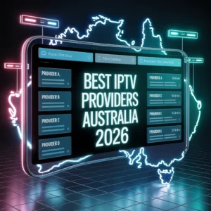 High-tech dashboard showcasing major IPTV providers in Australia with the title Best IPTV Providers Australia 2026 in bold text