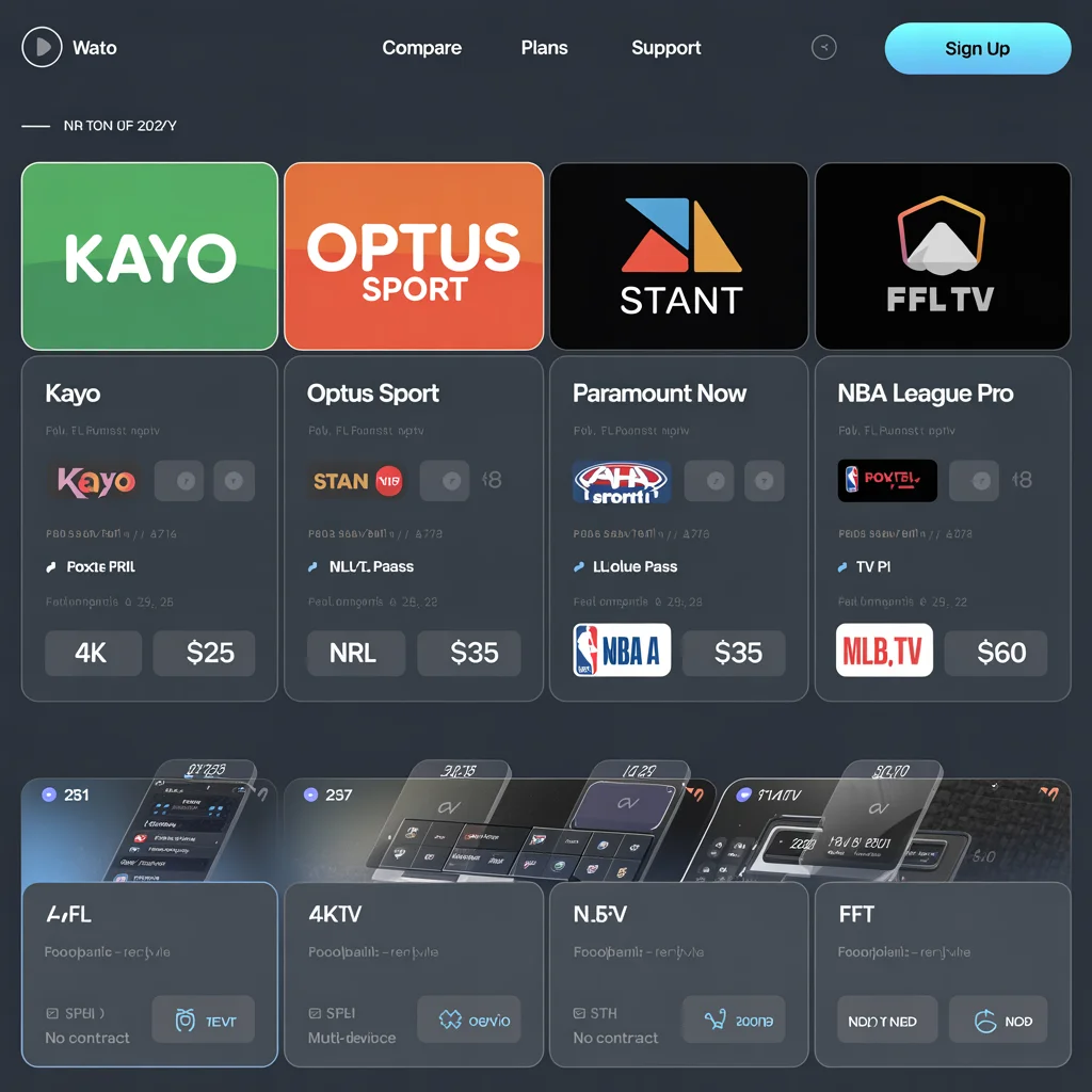 Dashboard-style graphic showing multiple legal Sports IPTV services such as Kayo Sports, Optus Sport, Stan Sport, Paramount Plus, Foxtel Now and international league passes with icons for price, sports covered, 4K support and multi-device streaming