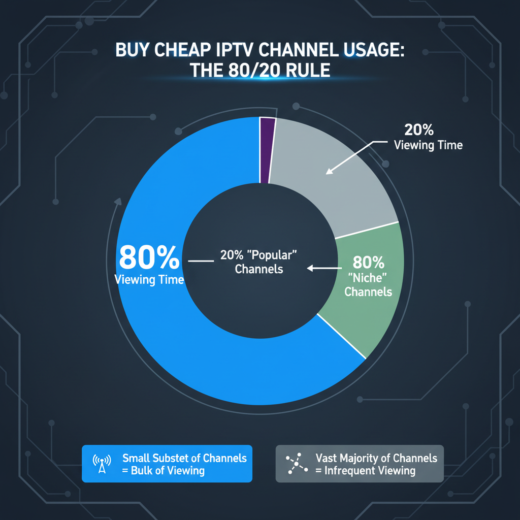 "Pie chart illustrating typical IPTV channel usage, showing that 20 channels account for 80% of viewing time for Buy Cheap IPTV subscribers."