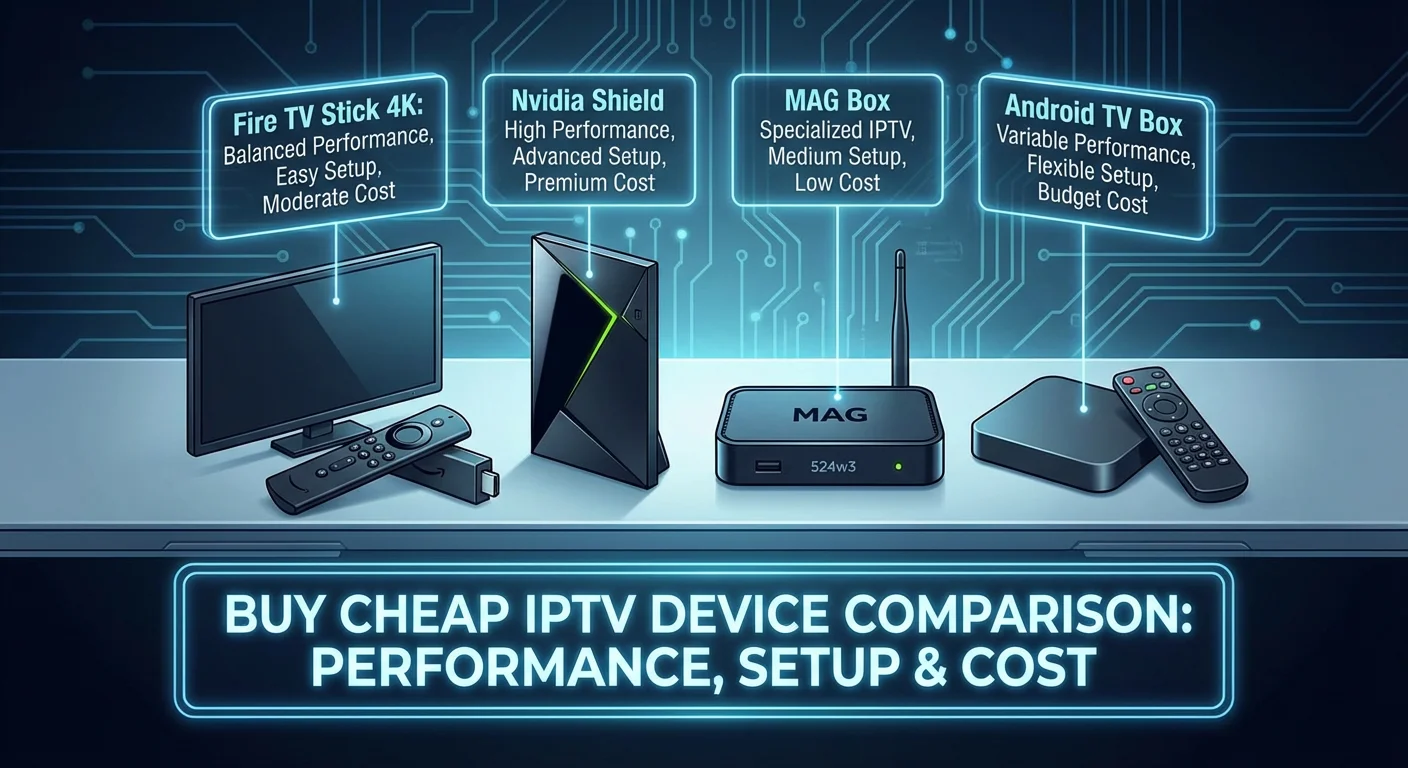 Side-by-side comparison of streaming devices like Fire TV Stick 4K, Nvidia Shield, and Android TV Box showing performance for Buy Cheap IPTV.