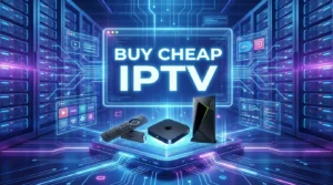 High-tech digital streaming setup with servers and devices like Fire TV Stick and Android TV Box, highlighting Buy Cheap IPTV.