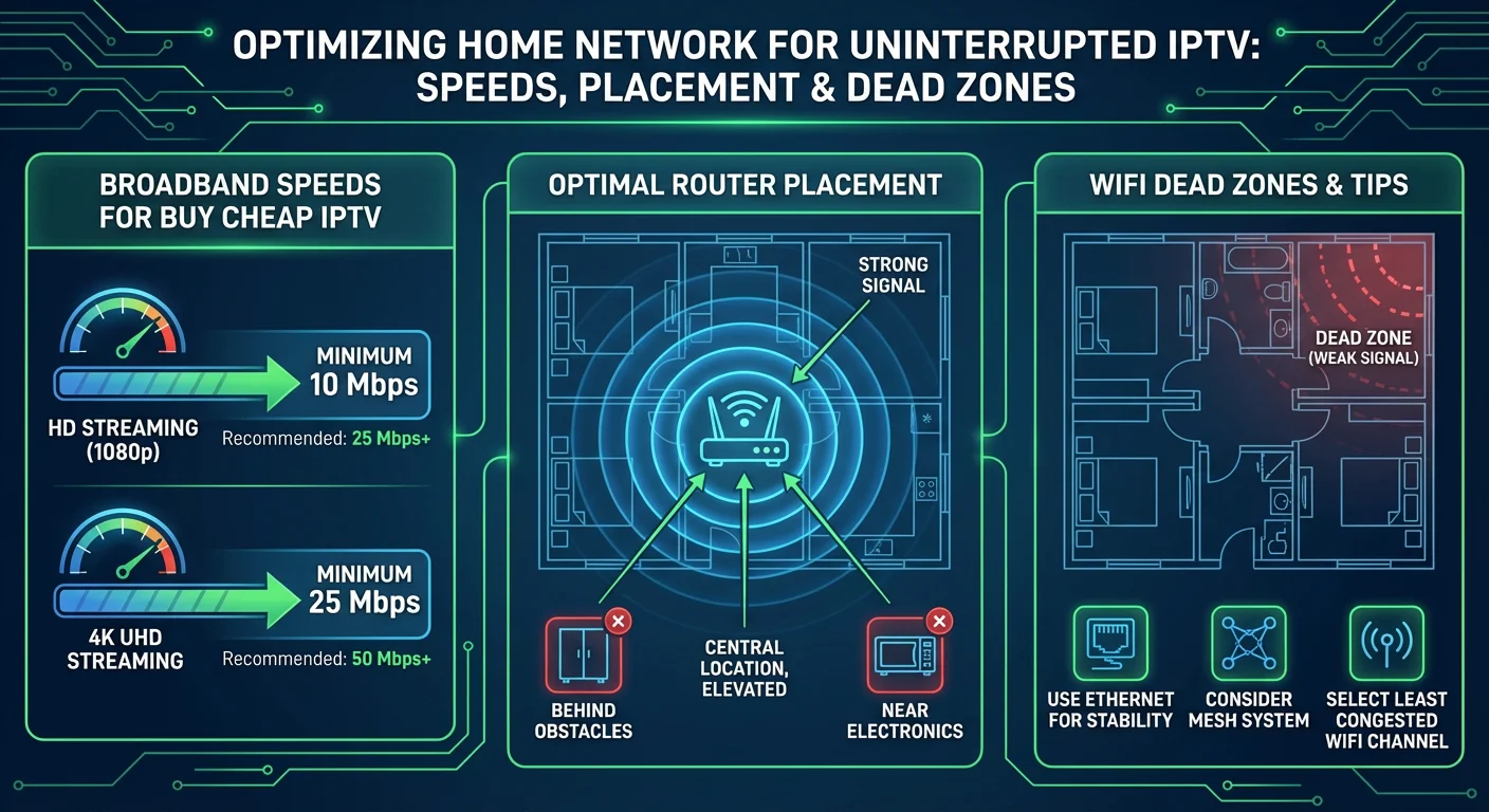 Infographic illustrating recommended internet speeds, router placement, and WiFi optimization for smooth Buy Cheap IPTV streaming.