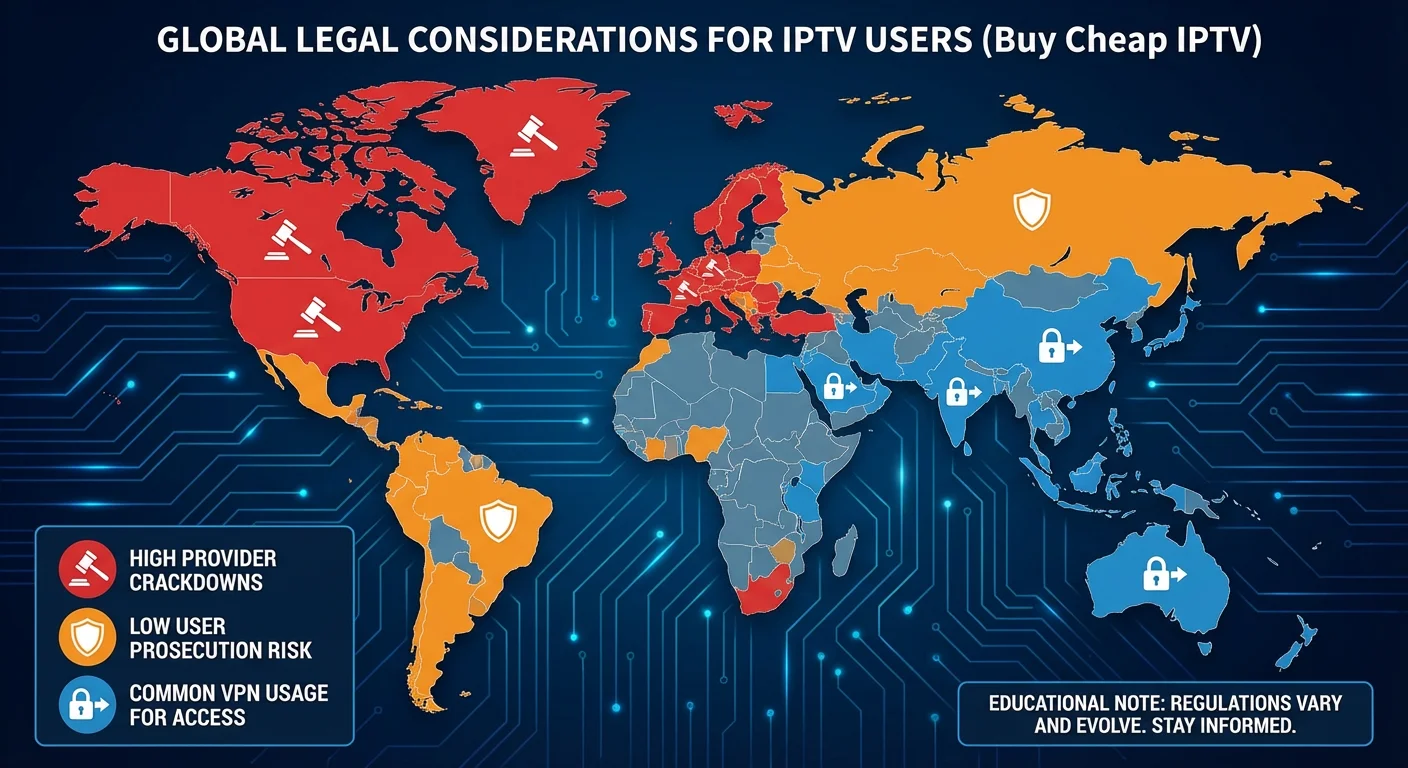 World map illustrating IPTV enforcement levels by country, highlighting regions with high provider crackdowns and low user prosecution risk for Buy Cheap IPTV.