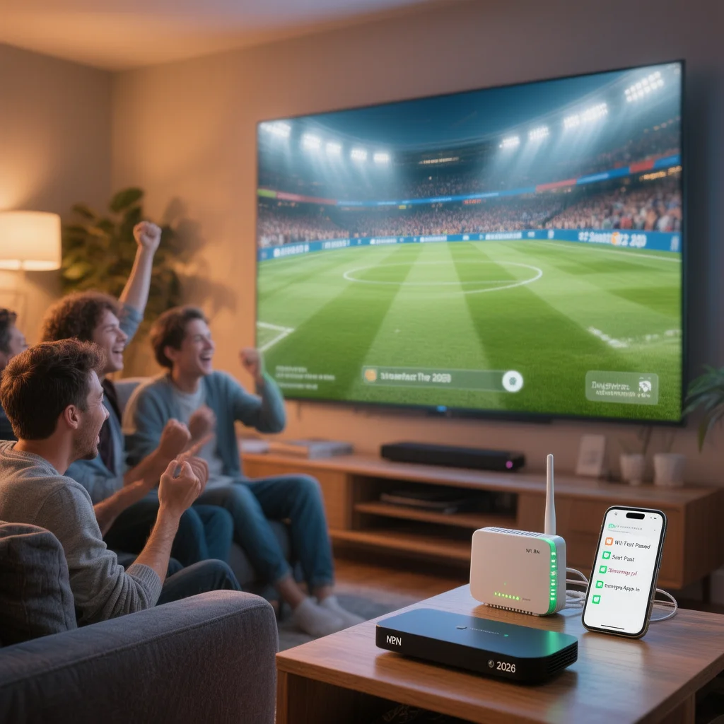 Happy Australian fans watching a smooth World Cup 2026 IPTV Australia stream on a big TV after setting up legal services and testing everything in advance