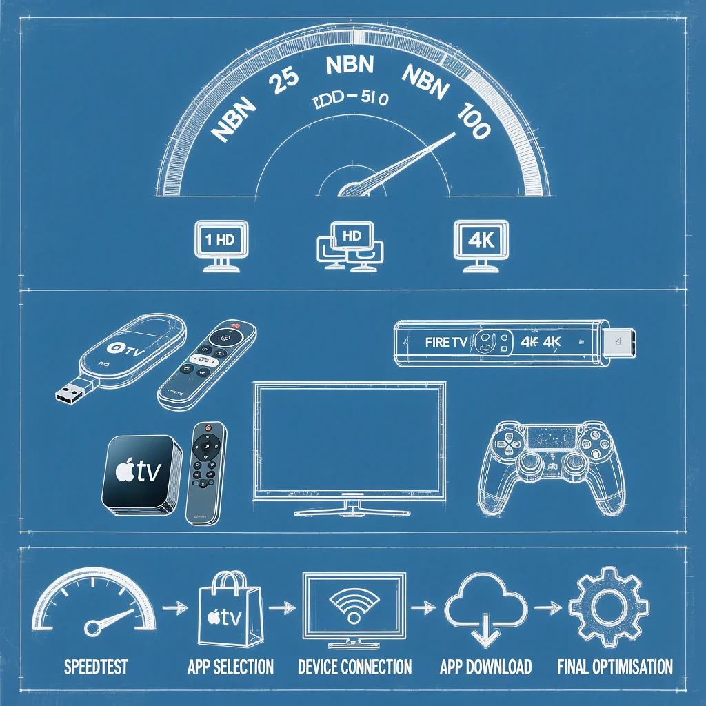 Technical infographic showing NBN speed tiers for HD and 4K sports streaming, popular Sports IPTV devices like Chromecast, Fire TV Stick and Apple TV 4K, and a simple 5-step setup checklist for Australian viewers
