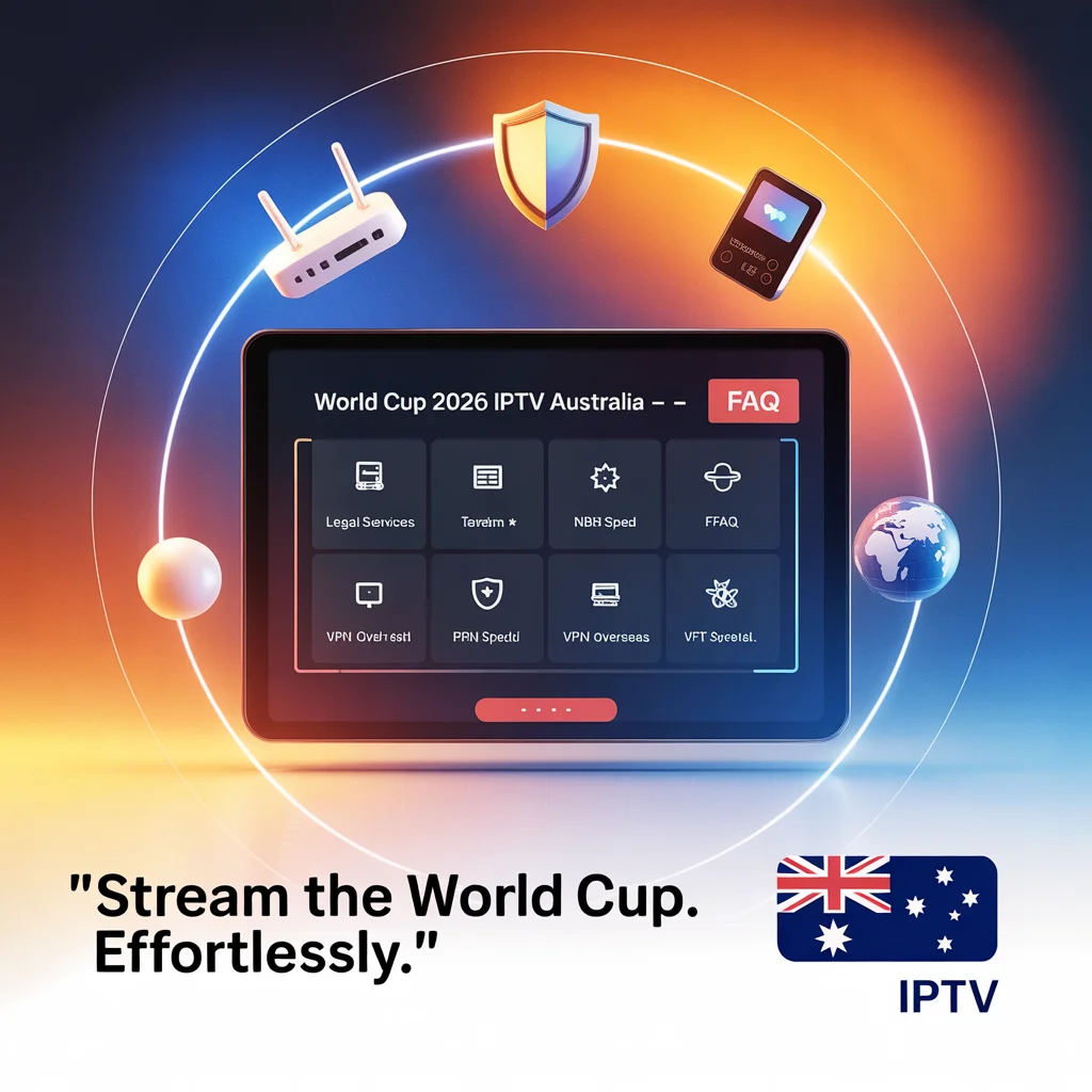 FAQ screen about World Cup 2026 IPTV Australia showing answers on internet speed, devices, VPN and legal vs illegal streaming