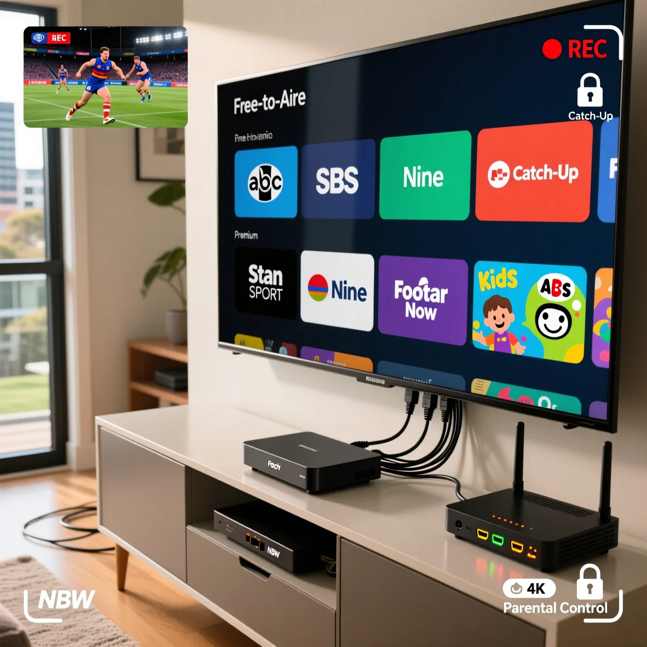 Fetch TV set-top box connected via HDMI and Ethernet to a flat-screen TV and NBN modem in a modern Australian living room, showing legal live channels and catch-up TV interface.