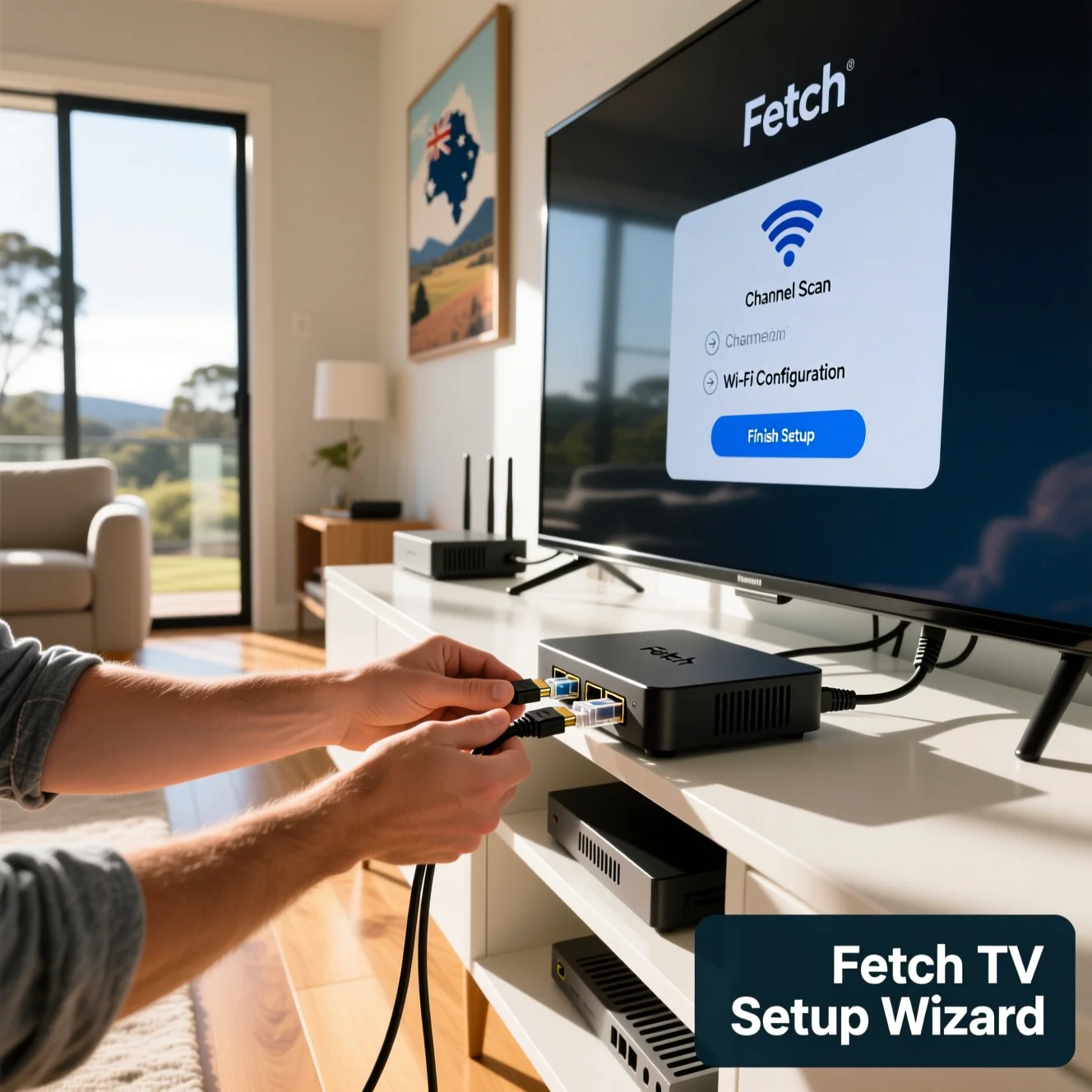 Hands connecting a Fetch TV box to a flat-screen TV and NBN modem via HDMI and Ethernet in an Australian living room, with on-screen setup wizard visible.