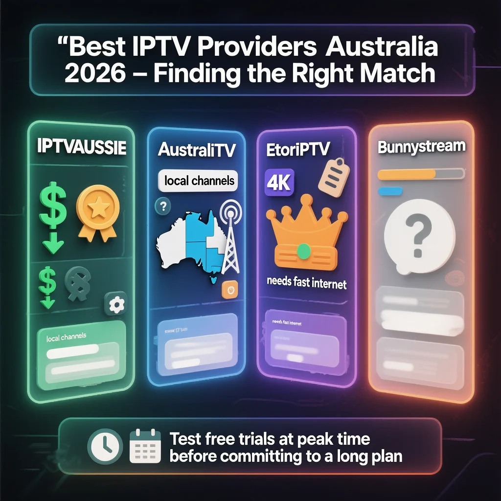 Conceptual overview of different IPTV providers in Australia showing value, local content, premium quality, and uncertainty