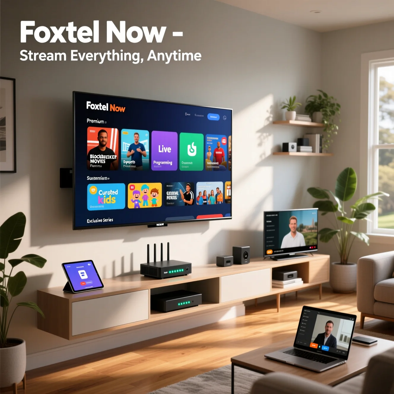 Foxtel Now app running on a 4K smart TV in an Australian living room, showing entertainment, movies, sports, and kids channels, with an NBN modem and multiple devices nearby.