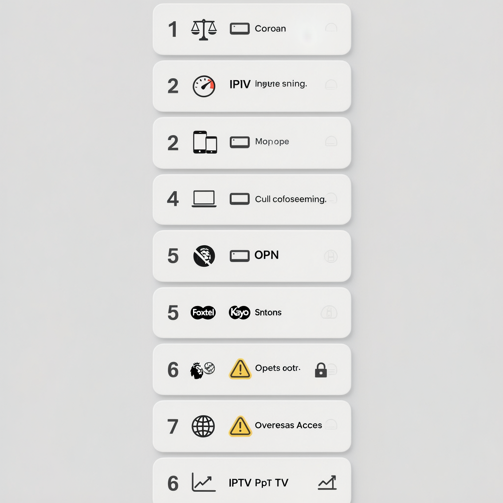 FAQ graphic for Sports IPTV Australia 2026 showing icons for legality, internet speed, multi-device streaming limits, VPN use, Kayo and Optus pricing, free-to-air options and the risks of illegal IPTV services