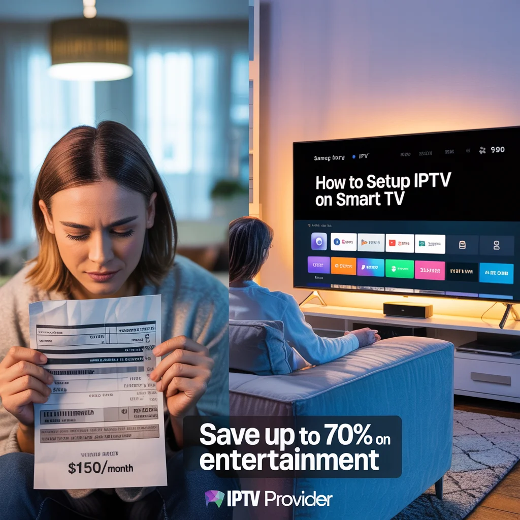 Cinematic before-and-after image showing a stressed person with a $150 cable bill on the left and the same person relaxed in front of a Samsung smart TV with an IPTV interface and the title “How to Setup IPTV on Smart TV” on the right