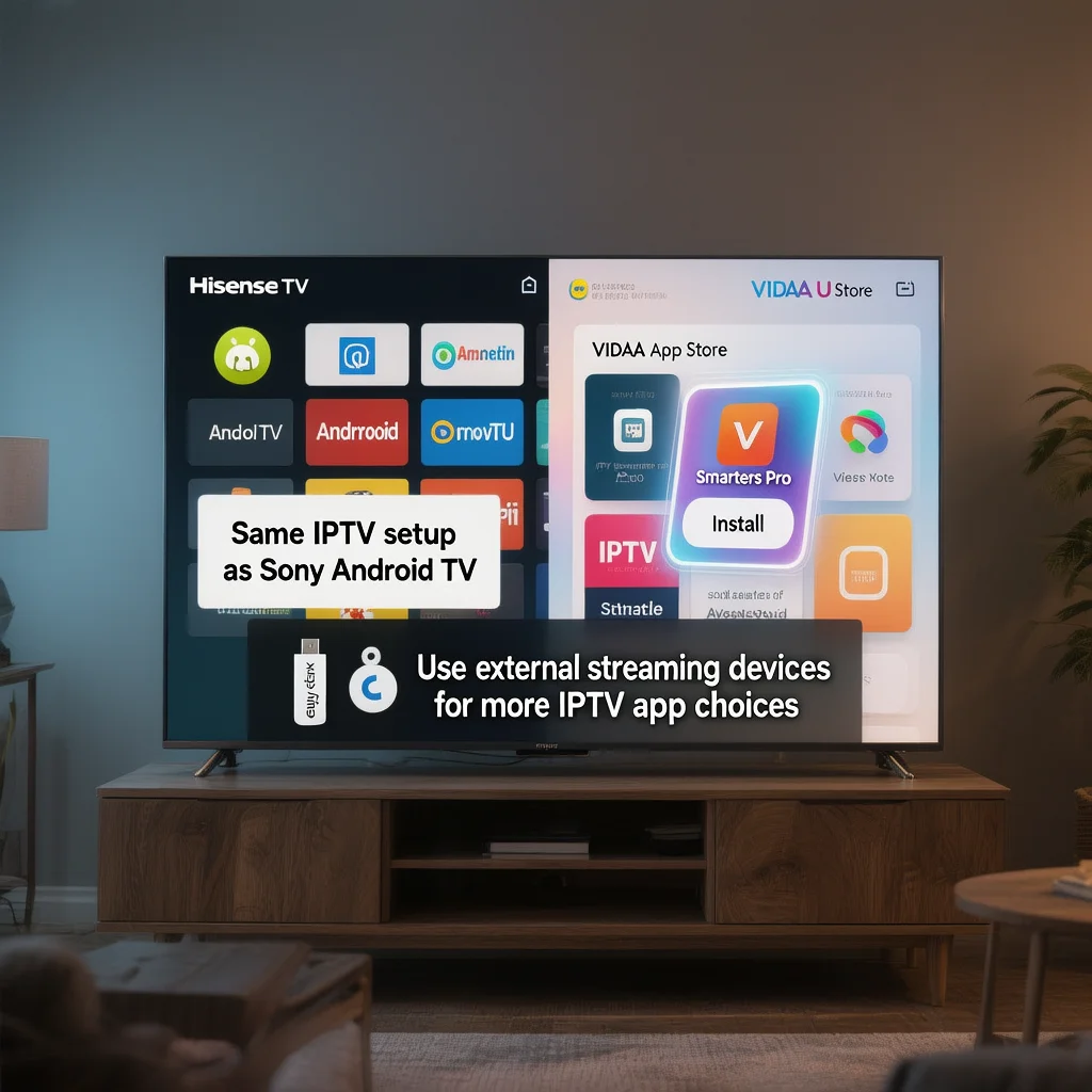 Hisense smart TV showing VIDAA App Store with an IPTV app selected, alongside a note that Hisense Android TV follows the same IPTV setup steps as Sony Android TV, plus a hint to use a Fire Stick or Chromecast for more IPTV apps.​​
