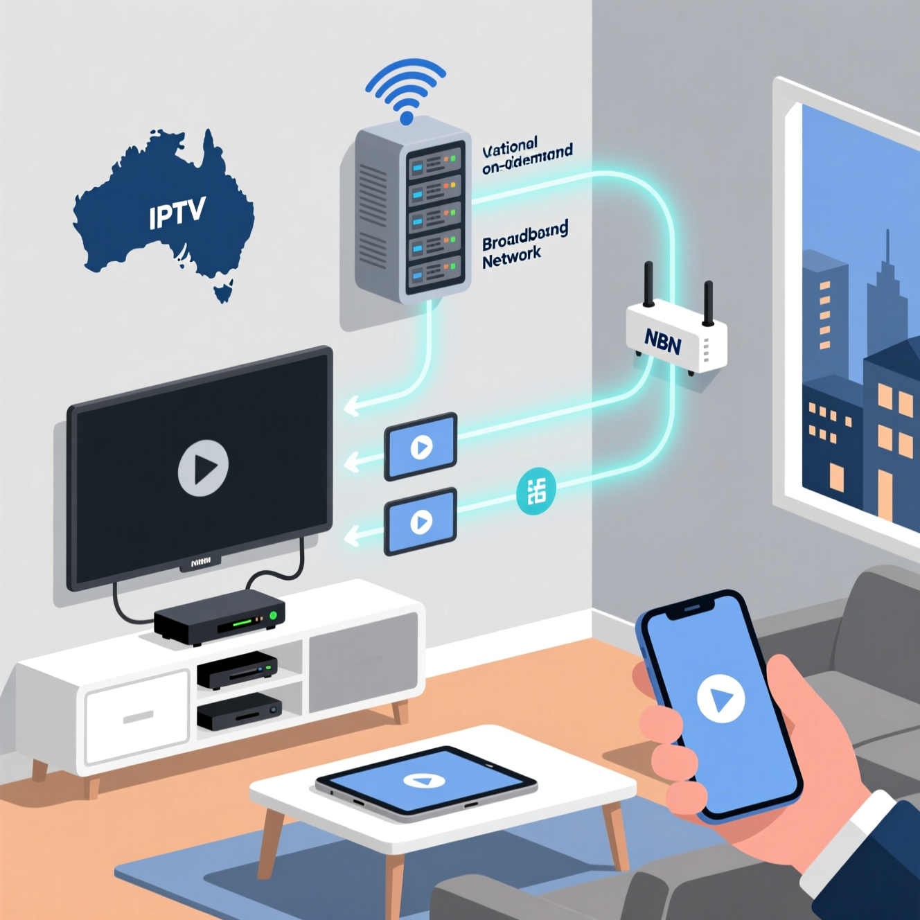Diagram showing how IPTV works in Australia using NBN internet to stream live TV and on-demand content on smart TVs and devices