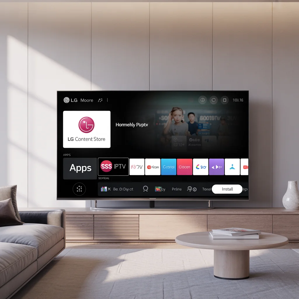 LG smart TV with webOS showing the LG Content Store open and an IPTV app like SS IPTV or Smart IPTV selected for installation.​