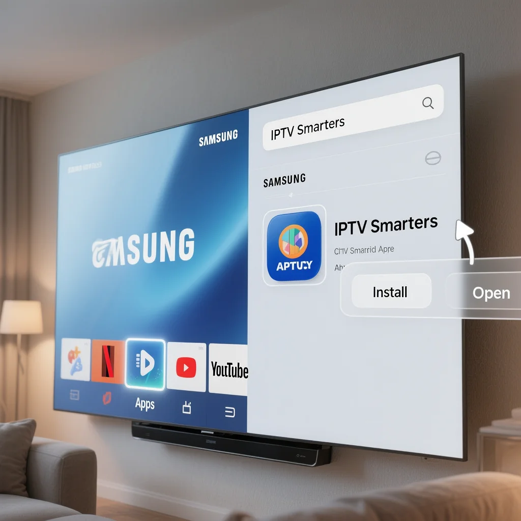 Samsung smart TV home screen with the Apps icon highlighted and an IPTV player like IPTV Smarters selected, showing the steps to setup IPTV on a Samsung smart TV.​​
