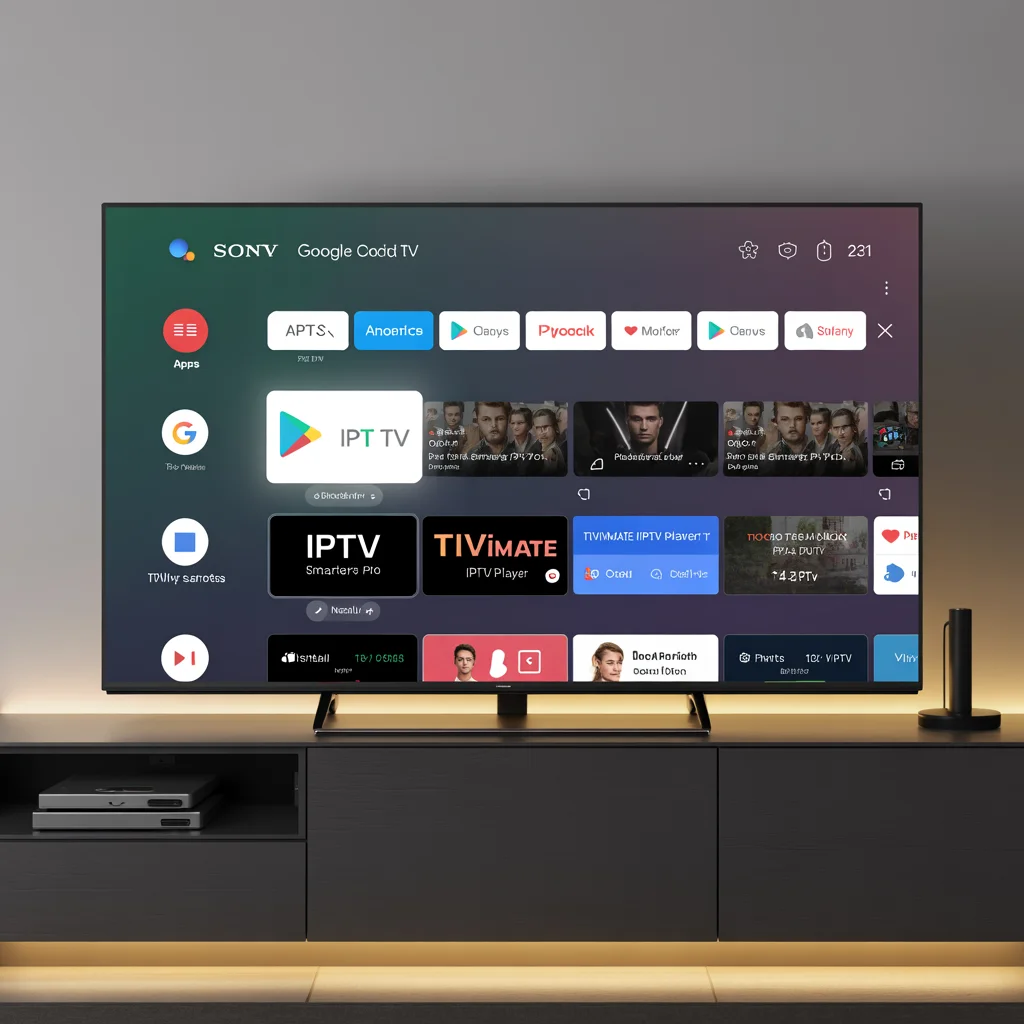 Sony Android TV screen with Google Play Store open, showing IPTV apps like IPTV Smarters Pro and TiviMate in the search results.​