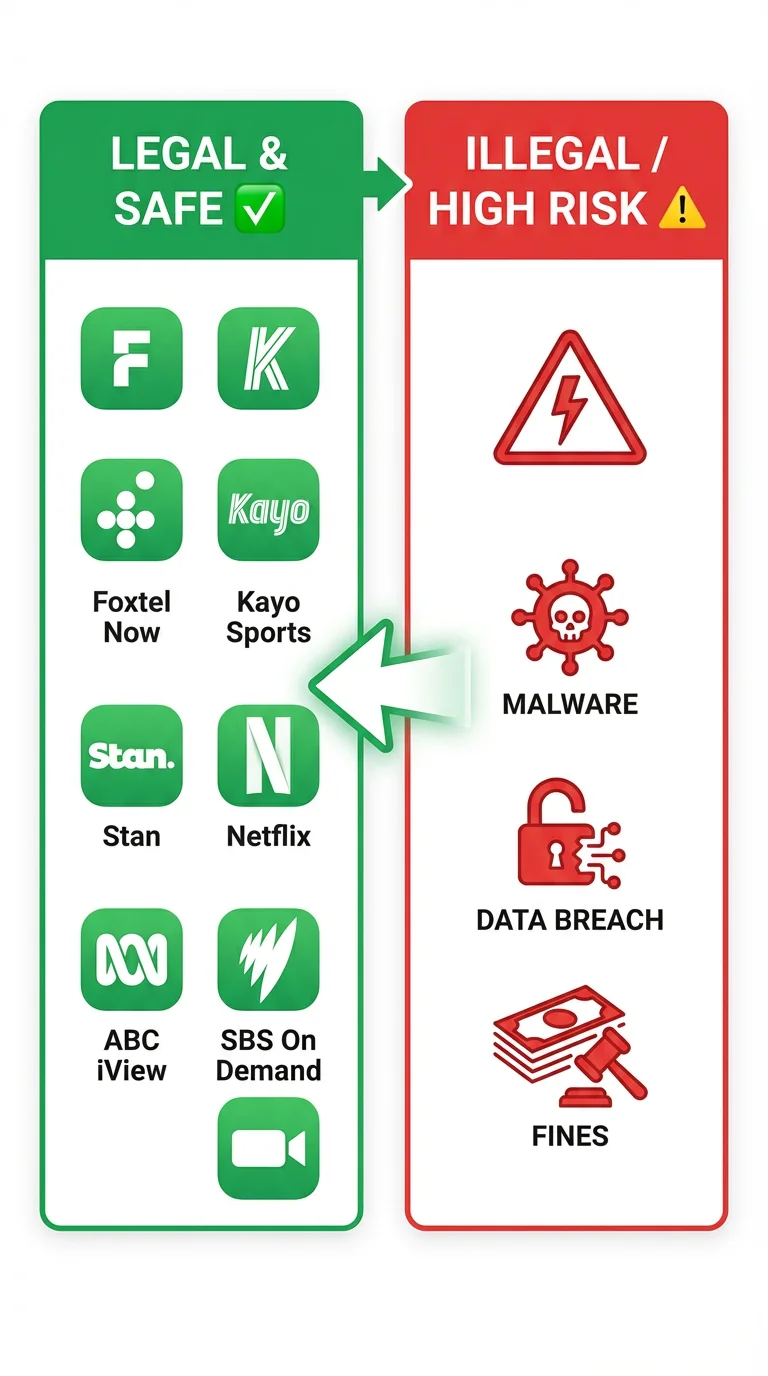 Simplified visual showing legal IPTV services and risks of illegal IPTV in Australia 2026