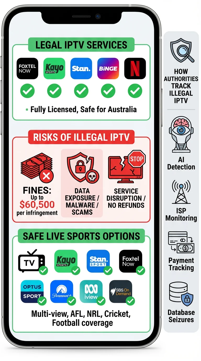 2026 IPTV FAQ visual guide showing legal services, risks of illegal IPTV, and safe streaming options in Australia