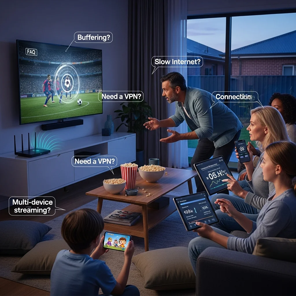 Australian family streaming IPTV on multiple devices, illustrating common questions and problems with internet speed, VPNs, and multi-device limits