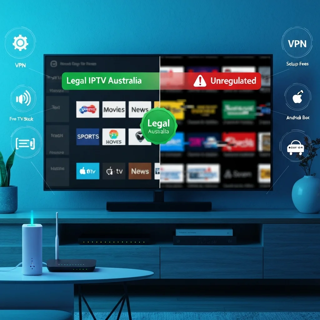 Modern Australian living room with a 4K smart TV comparing legal IPTV Australia vs unregulated IPTV, showing devices, NBN modem, VPN, and hidden costs.