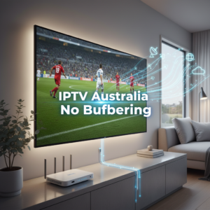 High-quality technical illustration showing lag-free IPTV streaming on a smart TV in Australia with the text IPTV Australia No Buffering displayed prominently