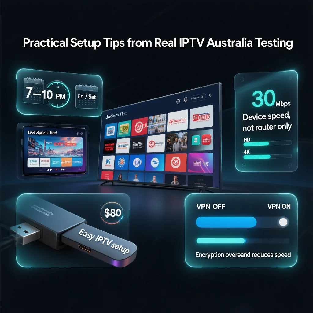 Technical IPTV setup scene in Australia showing a Fire Stick, peak-time testing, speed tests, and VPN impact on streaming