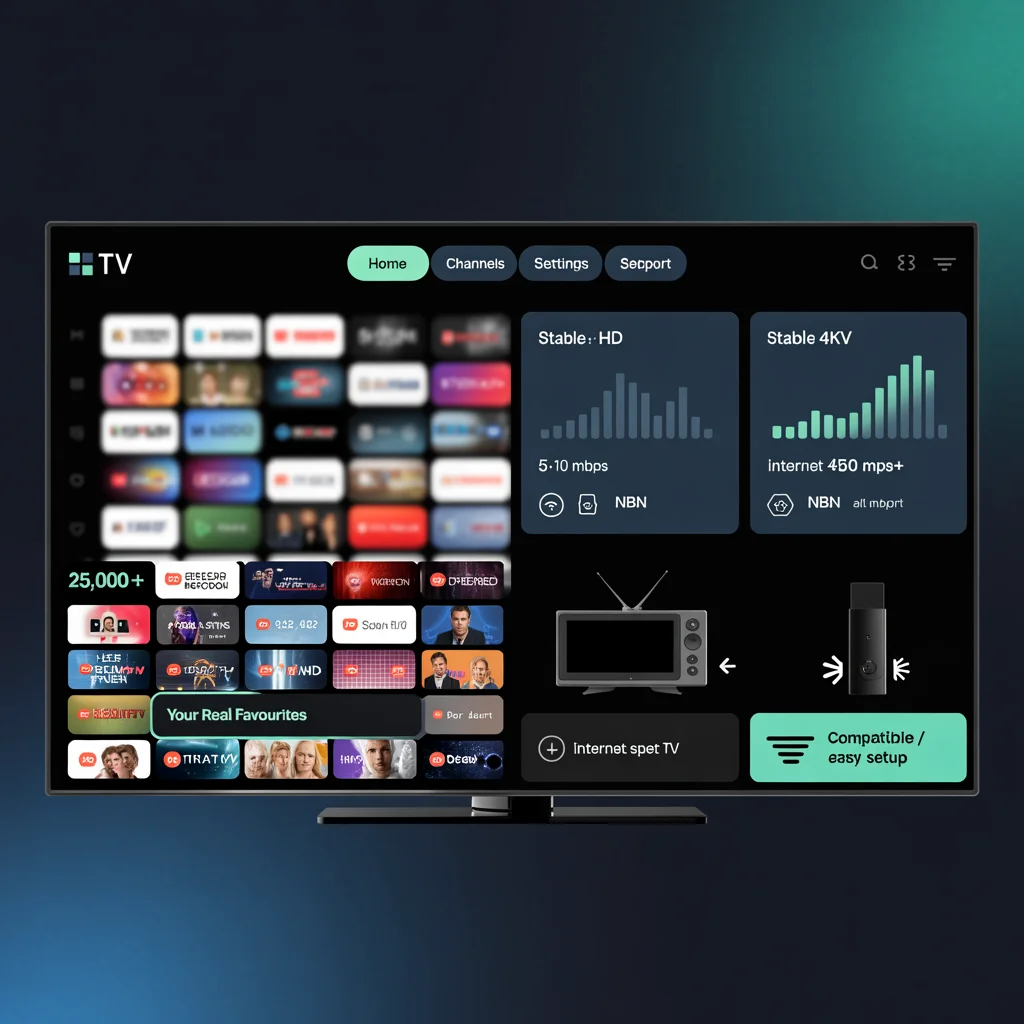 Technical IPTV interface in Australia highlighting quality, speed, and device compatibility over raw channel count