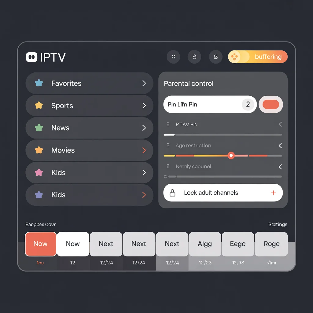  IPTV app interface on smart TV showing channel groups like Sports, News, Kids, custom favorites, EPG timeline, and a parental control PIN lock overlay.​​