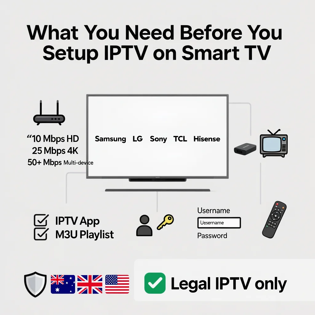  Infographic showing a smart TV with Samsung, LG, Sony, TCL, and Hisense logos, internet speed icons for 10 Mbps, 25 Mbps, and 50+ Mbps, IPTV apps and M3U playlist, login credentials, a TV remote, and a legal IPTV shield for Australia, UK, and US