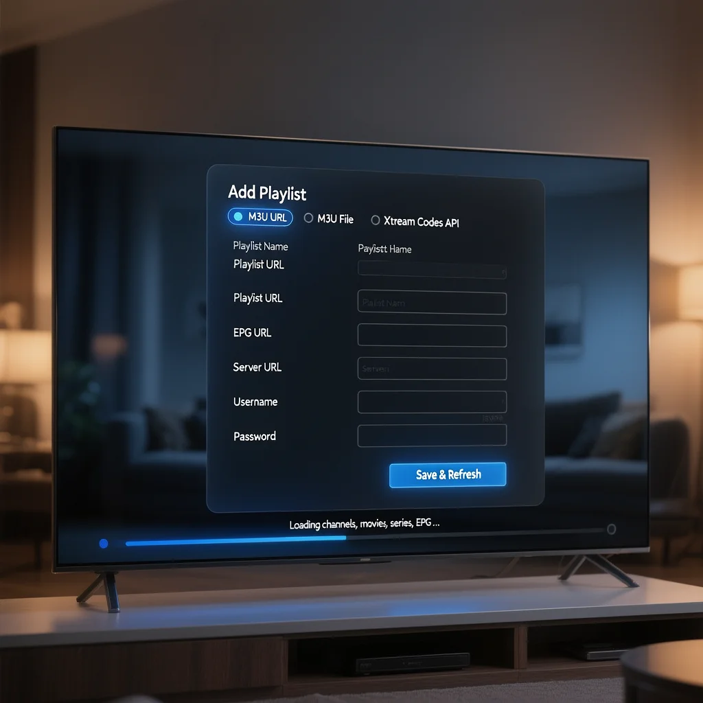 Smart TV interface showing an IPTV app like TiviMate or IPTV Smarters with an on-screen form to add M3U URL, EPG URL, and Xtream Codes login details.​