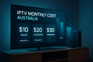4K smart TV showing an IPTV pricing dashboard with “IPTV Monthly Cost Australia” highlighted on screen in a modern Australian living room.