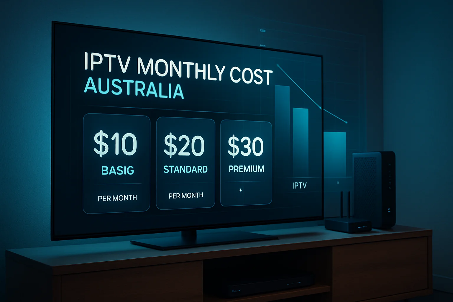 4K smart TV showing an IPTV pricing dashboard with “IPTV Monthly Cost Australia” highlighted on screen in a modern Australian living room.